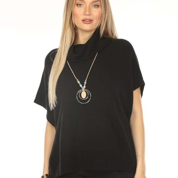 Black mock neck pockets cape Sweater - Picture 6 of 8